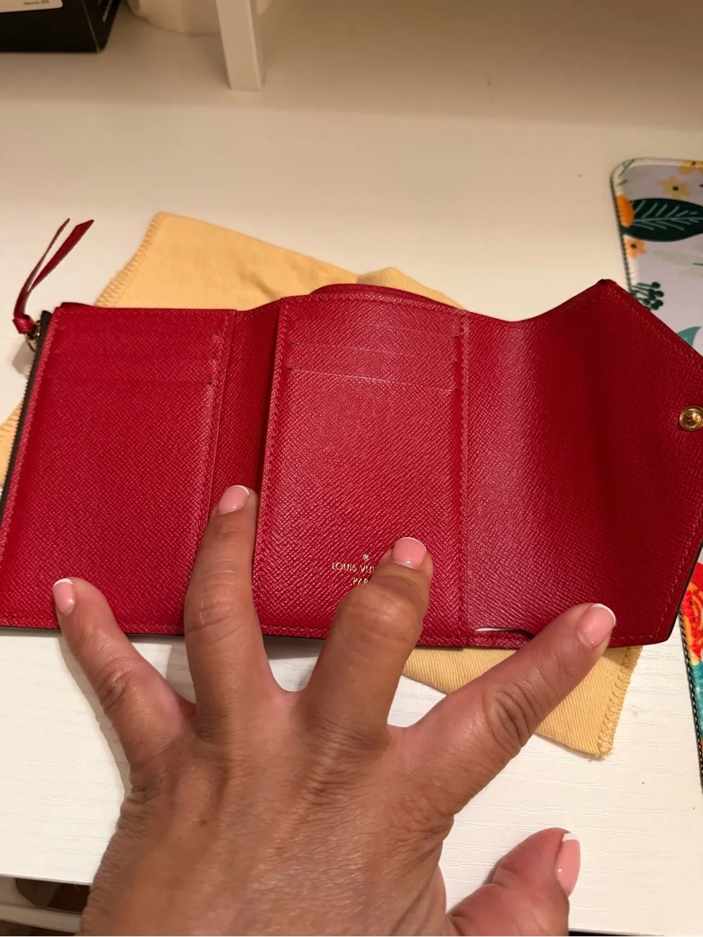 Louis Vuitton Brown Checkered Envelope Wallet with Red Snap